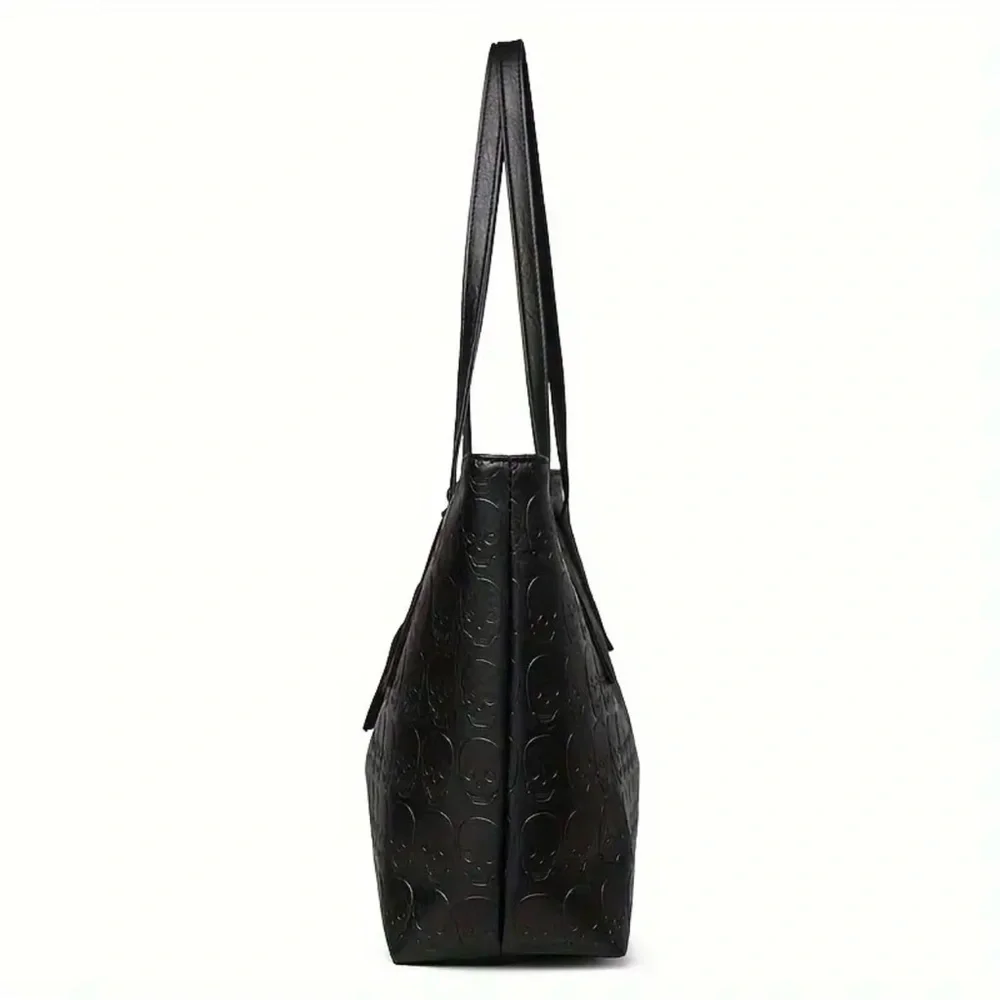Black Embossed Skull Tote Bag - Stylish Women's Shoulder Bag